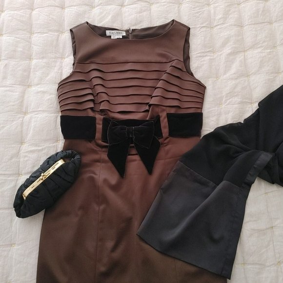 NWT Kay Unger Sleeveless Metallic Brown Cocktail Party Dress Satin Bow Size 12 - Picture 4 of 7